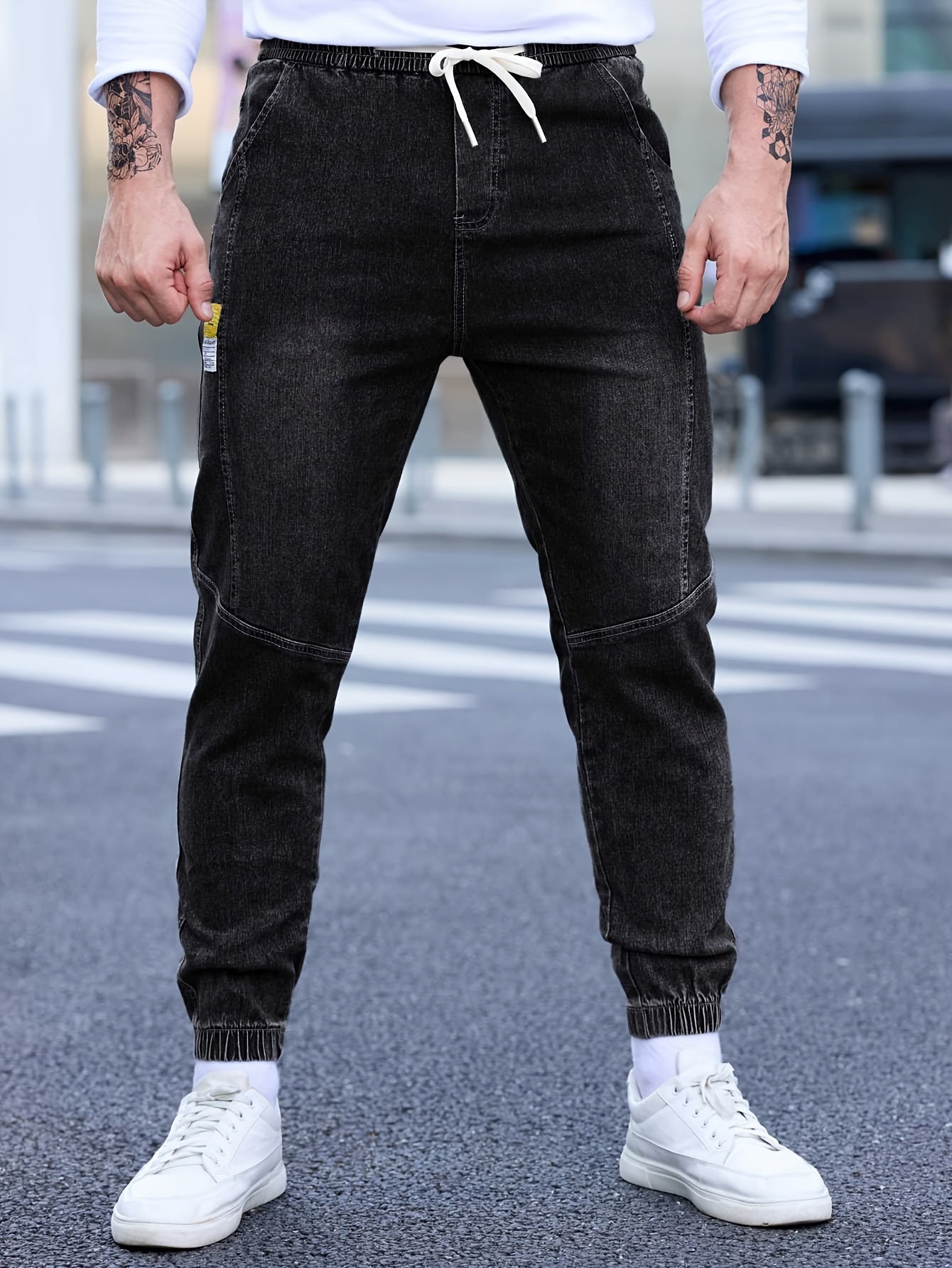 Men's denim cropped pants with pockets, drawstring waist, perfect for fall and winter outdoor activities.