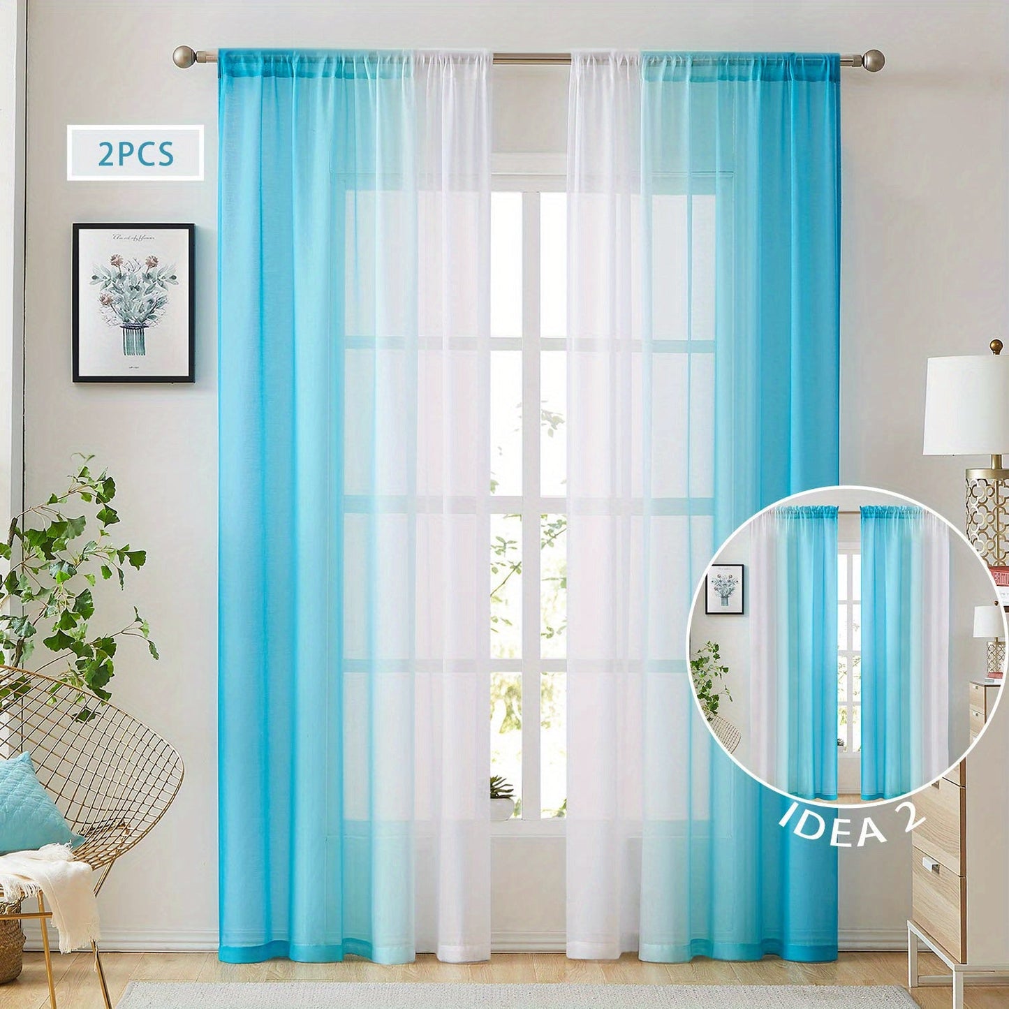 Two pieces of rod pocket curtains with a gradient style, made of transparent imitation linen material. These sheer curtains are perfect for adding a decorative touch to any bedroom, office, kitchen, living room, study, or home decor.