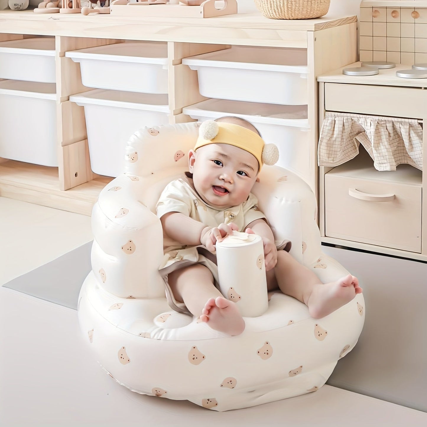 SUNGDOGIN Inflatable Baby Chair with Back Support, PVC Toddler Floor Seat for Sitting Up, Built-in Air Pump, White Bear Design - Suitable for Kids 3 Months and Up