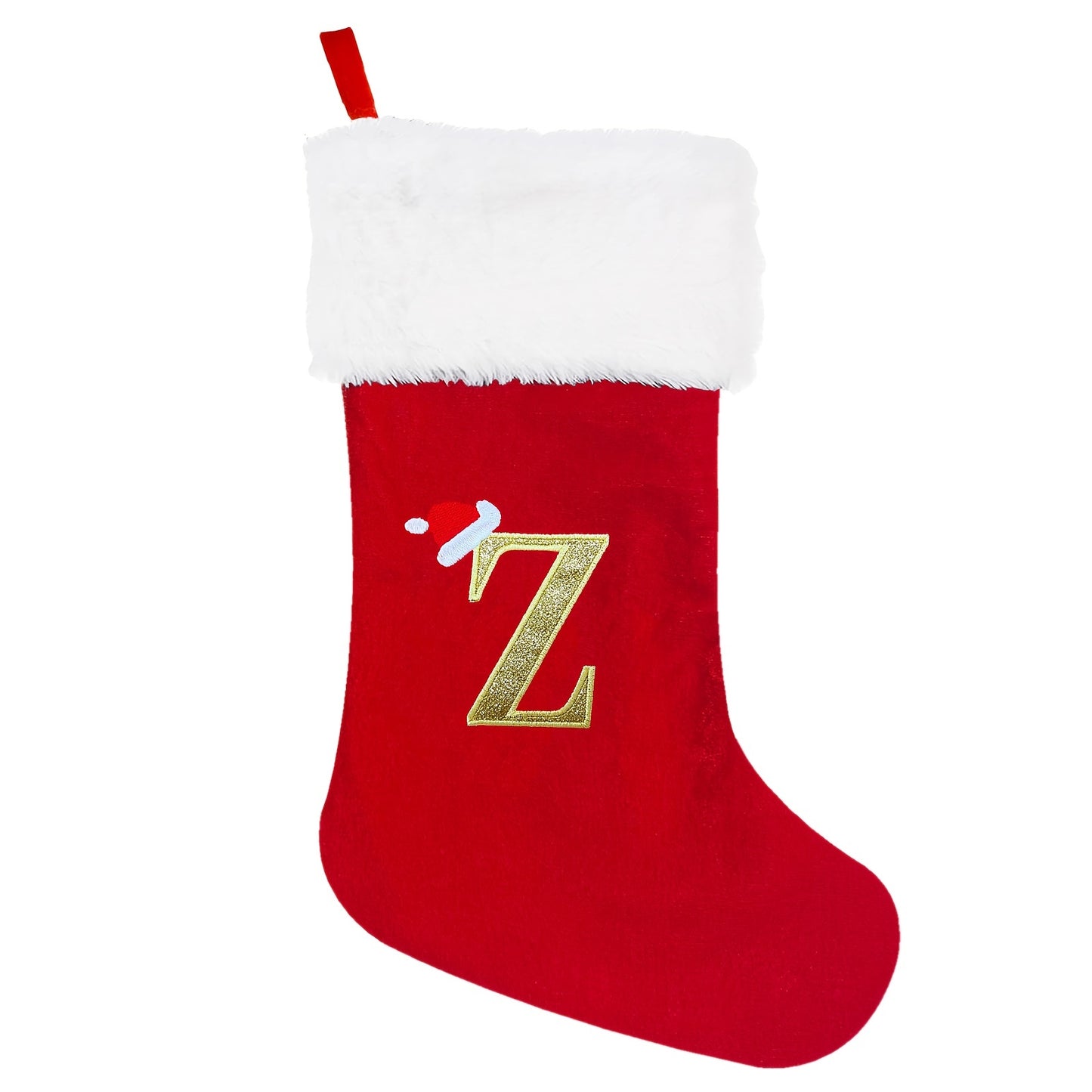 1 red velvet Christmas stocking with white plush cuffs, embroidered initial, 53.34 cm. Perfect for holiday parties and home decorations.