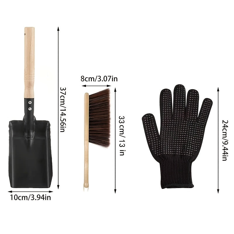 Maintain your wood stove or fireplace with our Fireplace Cleaning Kit, featuring a metal shovel, natural wood handle, black silicone gloves, and ash scoop set.