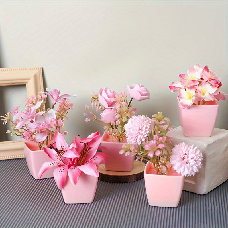 3-5 mini artificial potted pink flowers in plastic square pots, perfect for indoor décor on desks or bookshelves.