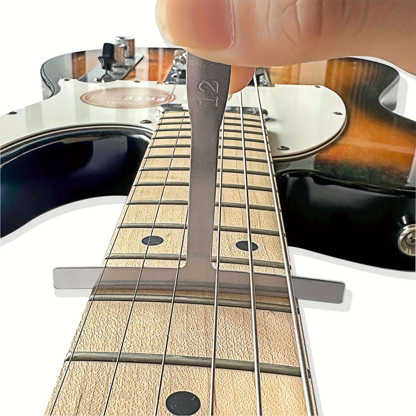 Set of 9 guitar fingerboard radius measuring rulers for guitar, bass, and ukulele repair and adjustment. Rulers include various radius sizes.