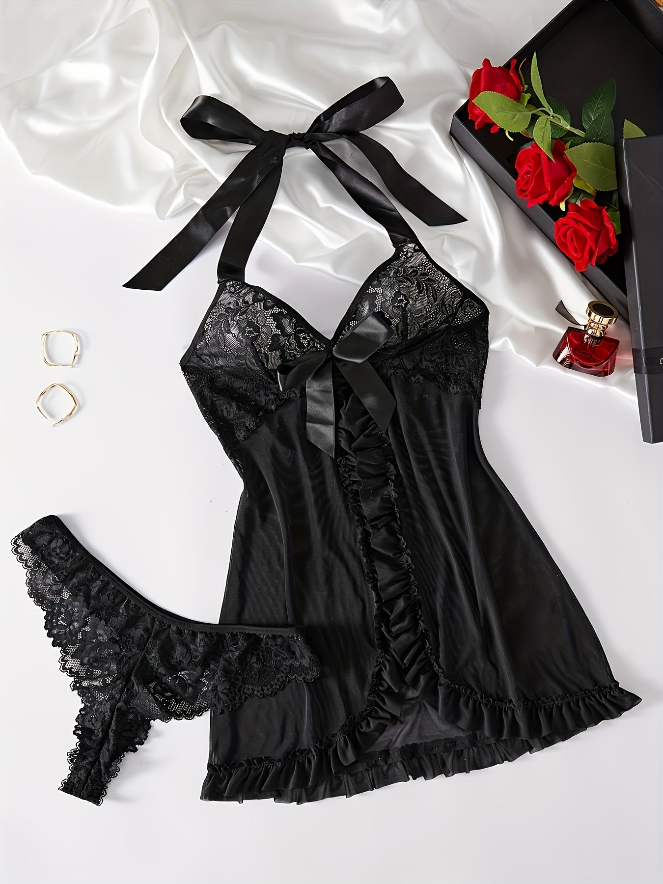 Halter tie lace lingerie set with ruffled bow detail, deep v slip dress and thong.