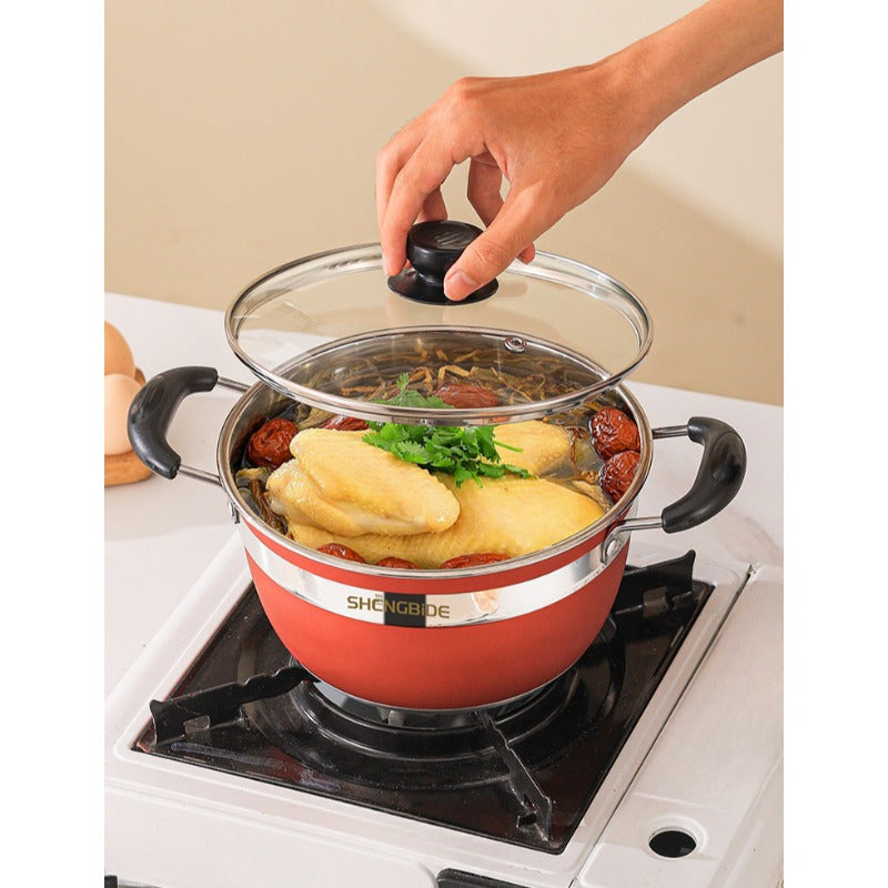 Set of 12-14 stainless steel pots, including a practical soup pot, frying pan, and spoon. Compatible with both induction cookers and gas stoves.