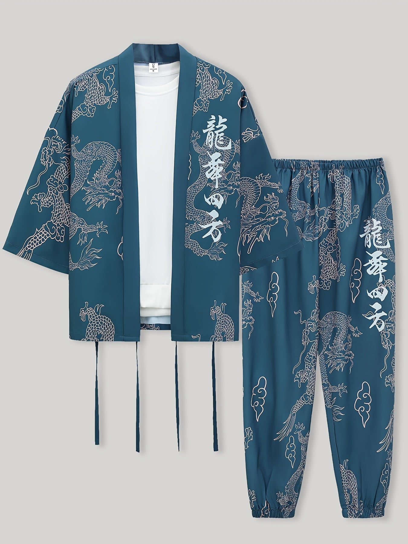 Men's Dragon Print Kimono Robe Set - Casual Polyester Loungewear with Matching Pants, 3/4 Sleeve, Ethnic Style, Non-Stretch Fabric for Spring/Autumn, Machine Washable