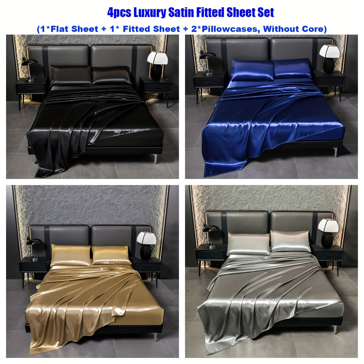 4-piece deluxe satin bed sheet set includes 1 flat sheet, 1 fitted sheet, and 2 pillowcases. Made of high-quality satin, it is bright, non-slip, breathable, reversible, and retains its new