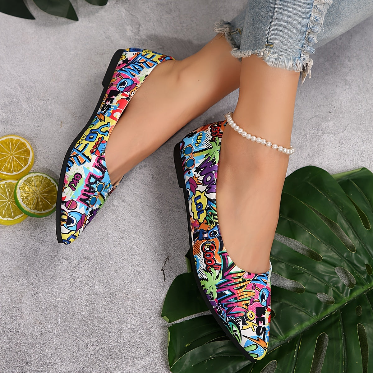 Floral flat shoes with pointed toe and soft sole for daily wear.