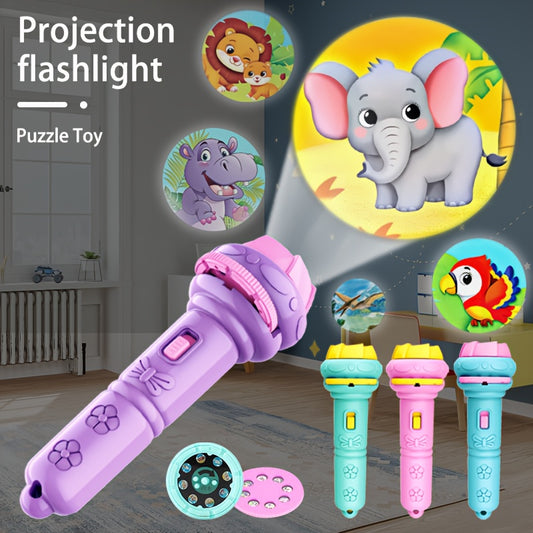 Winter fun and educational toys include 32 patterned cards for projection flashlight puzzles featuring animals, dinosaurs, vehicles, and space.