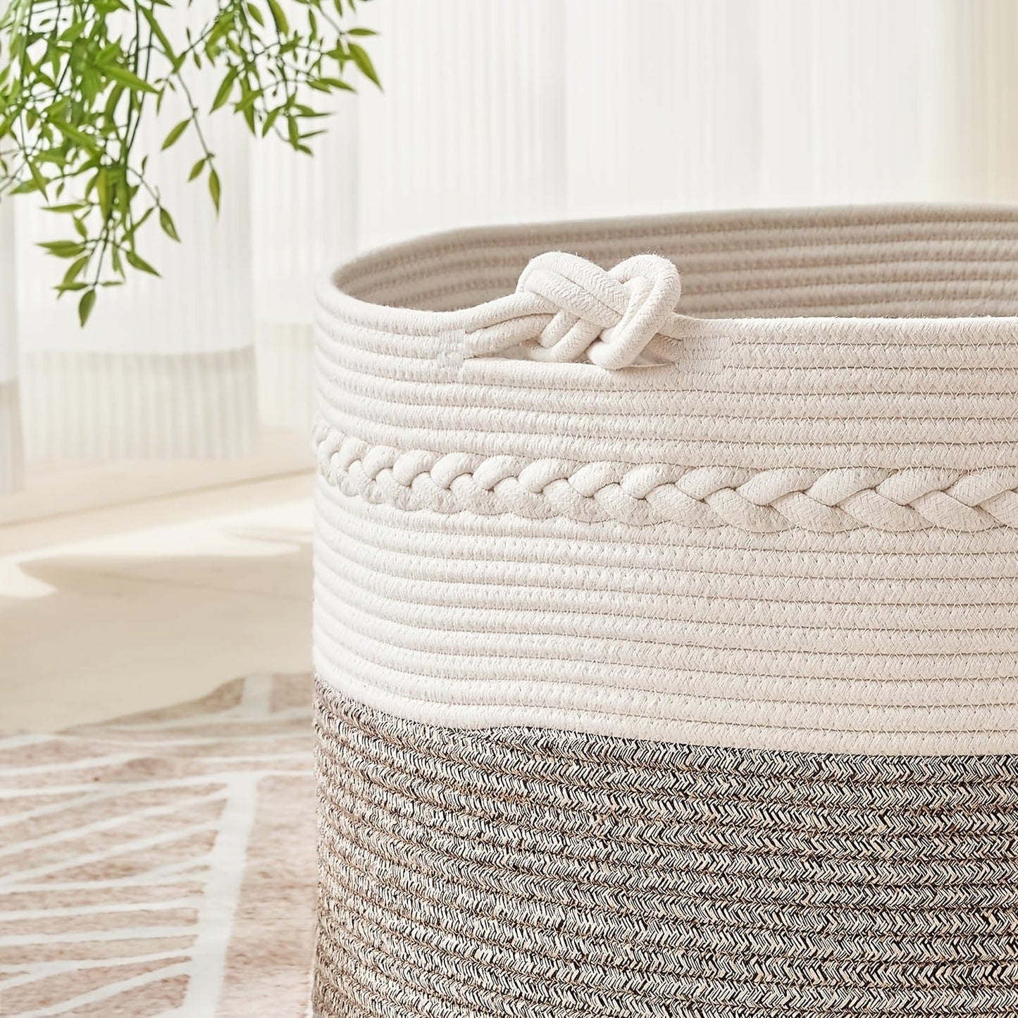 Round Bohemian Style Woven Laundry Basket featuring Handles - Perfect for Bathroom or Living Room Storage - Ideal for Clothes, Towels, Pillows, Toys, and More