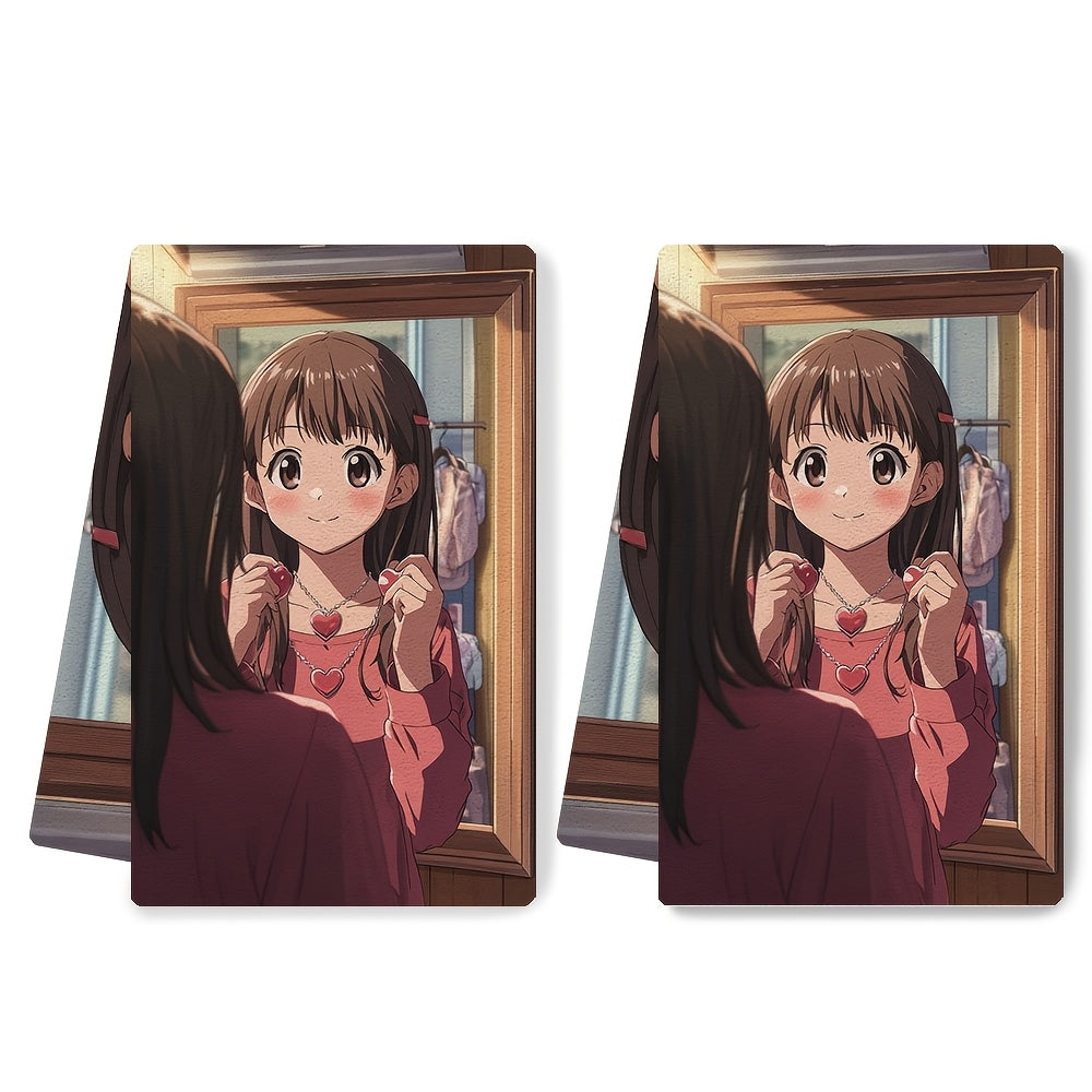 Set of 2 Kitchen Towels - Featuring a Young Anime Girl Trying on Heart Shaped Necklace with Joy, Ultra Soft and Highly Absorbent Dish Hand Towels for Holiday Decor, Machine Washable, 16x24 Inch - Item Code: 2KYSYS1215082