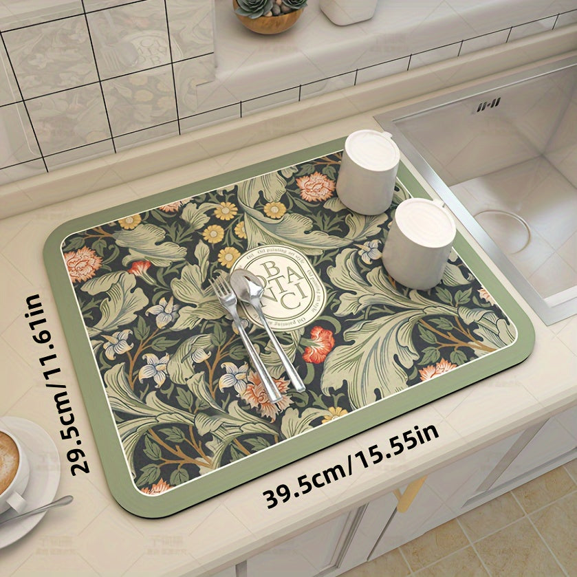 Floral Pattern Coffee Machine Mat, Multi-Functional Dish Drying Pad with Silica Gel Non-Slip Soft Pad for Kitchen and Bathroom. Easy to Clean with Polyester Cover and Silica Gel Material.