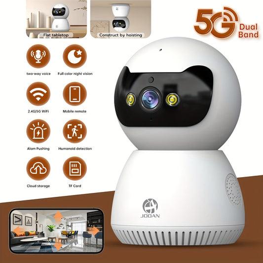 The JOOAN 1080P HD Smart WiFi Camera provides Motion Detection, Full Color Night Vision, Alert Push notifications, 355° Panoramic View, Two-Way Audio, Dual-Band (2.4GHz/5GHz) connectivity for Home Security. It is compatible with Smartphones and made of