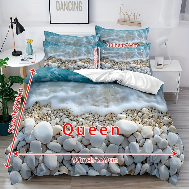 3-piece Serene Beach Pebble Bedding Set: Soft & breathable polyester duvet cover and pillowcases with oceanic blue and white marble pattern. Features zip closure and is machine washable for