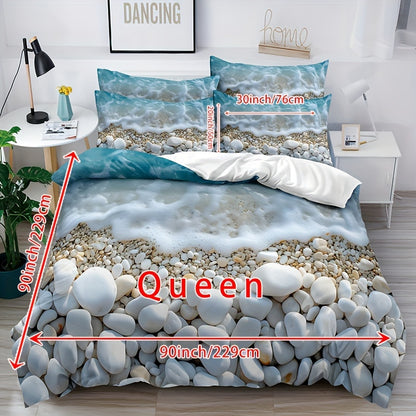 3-piece Serene Beach Pebble Bedding Set: Soft & breathable polyester duvet cover and pillowcases with oceanic blue and white marble pattern. Features zip closure and is machine washable for