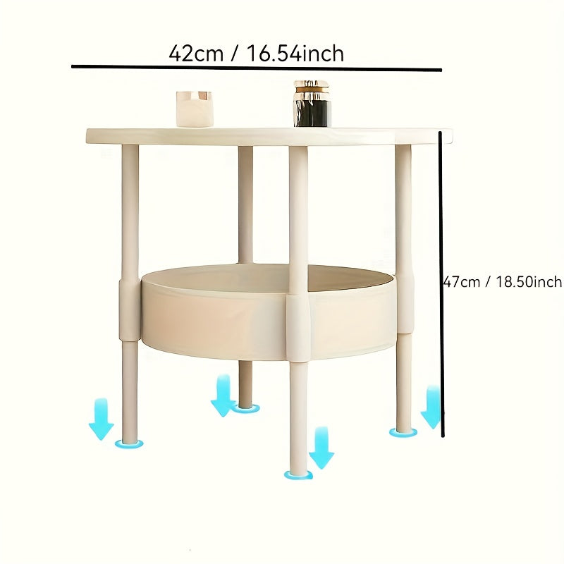 Modern minimalist round coffee table with 2-tier storage in white plastic, ideal for living room, bedroom, or office.