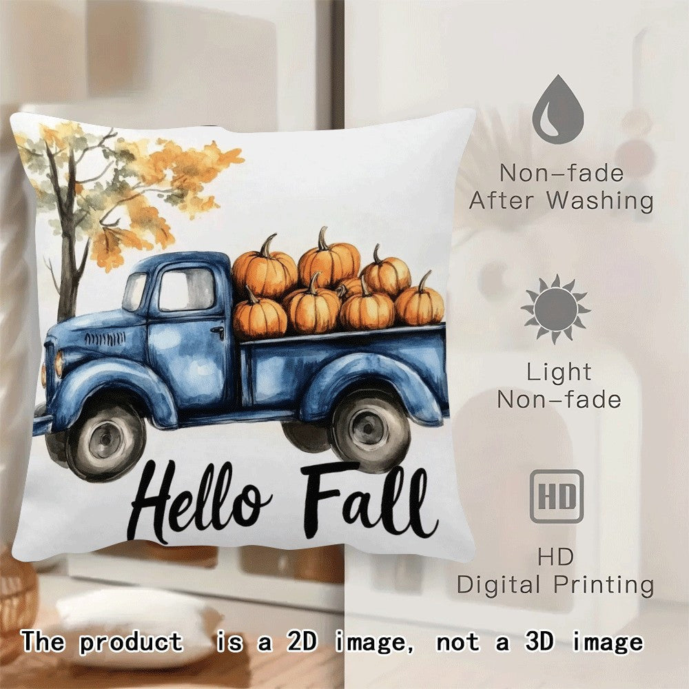 Modern Flannel Pillow Cover, 45.72X45.72 cm, Blue Truck and Pumpkin Design, Zipper Closure, Machine Washable, All-Season Comfort for Back Sleepers - Decorative Cushion Case for Home, Bedroom, Camping (1pc, Insert Not Included)