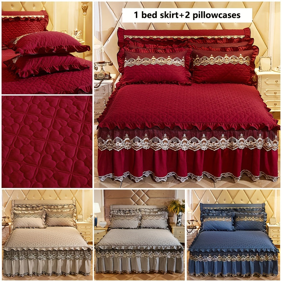 3-piece set of solid color quilted sandwich love quilt with high-rise lace bed skirt. Includes 1 bed skirt and 2 pillowcases. Multi-layer lace embellishment, fashionable and beautiful.