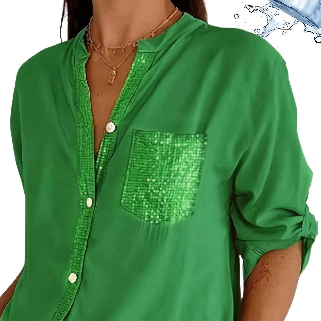 Women's Long-Sleeve Button-Up Shirt with Patch Pockets, Ideal for All Seasons, Designed for Casual Elegance.