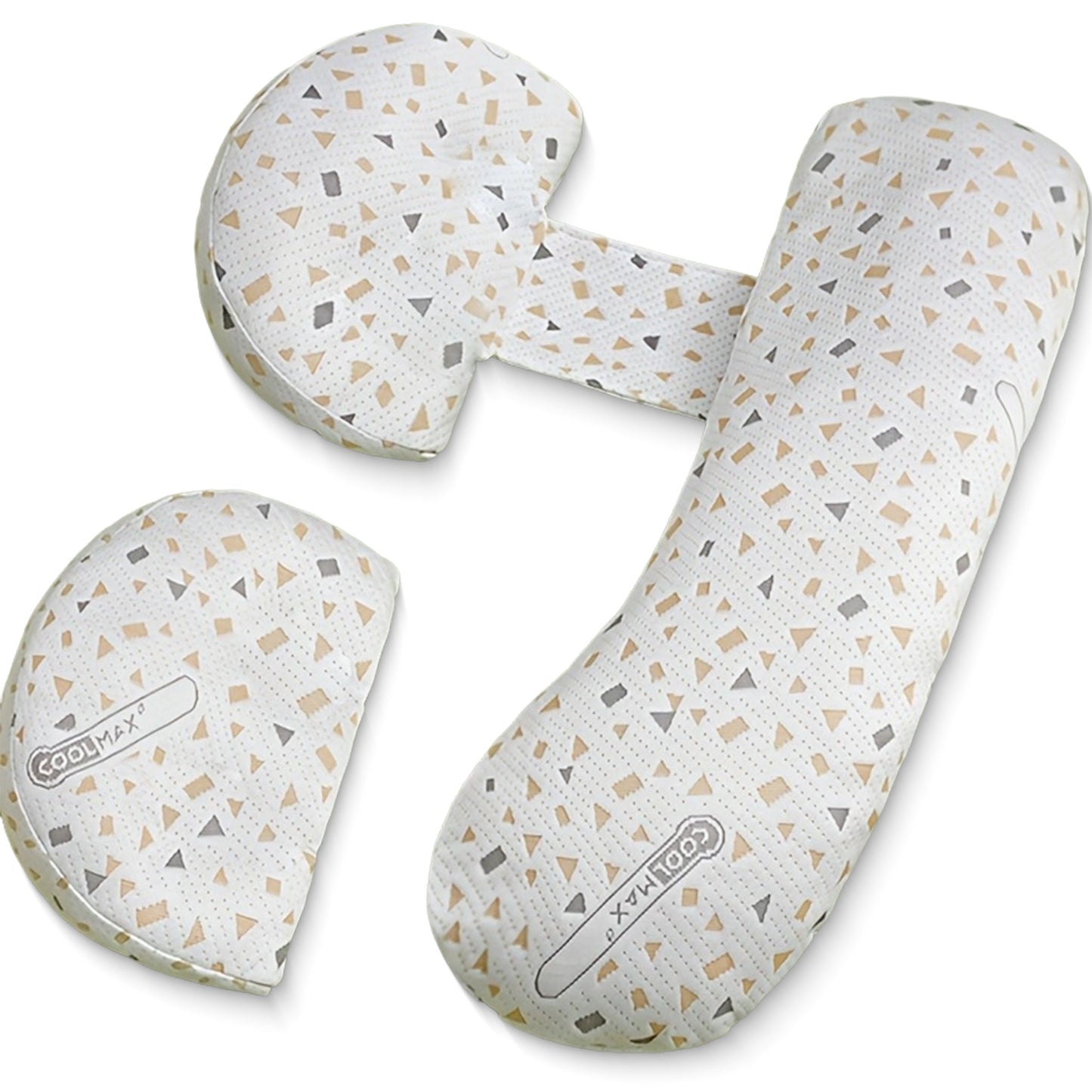 Extra firm U-shaped maternity pillow with hidden zipper for easy removal, breathable design for comfortable side sleeping, and removable pillowcase for added convenience. Features lumbar support cushion for added comfort.