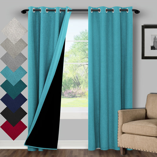 Two pieces of elegant blackout curtains in black color. Lightweight, providing privacy and thermal insulation. Features grommet top for easy hanging. Suitable for all seasons and perfect for bedroom and living room decor.