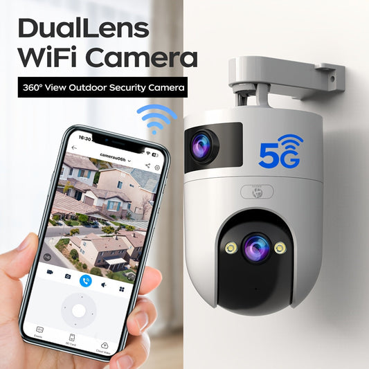 Wireless Security Camera with HD 5G WiFi, Night Vision, and Motion Detection - Dual Lens, USB Powered, App Controlled - Ideal for Smart Home Monitoring