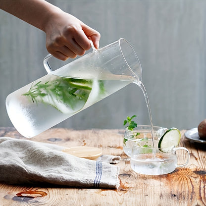 Leak-proof glass pitcher with bamboo lid, perfect for iced tea, juice, and water. Ideal for home use.