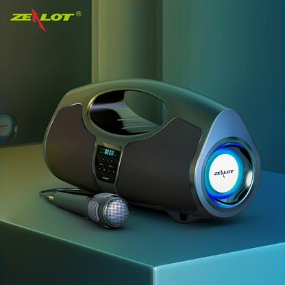 ZEALOT P1 40W Wireless Speakers with microphone, 7200mAh battery, 16 hours playtime, loud stereo, booming bass. Includes charging cable, aux cable, TF USB plug-in card compatibility, and