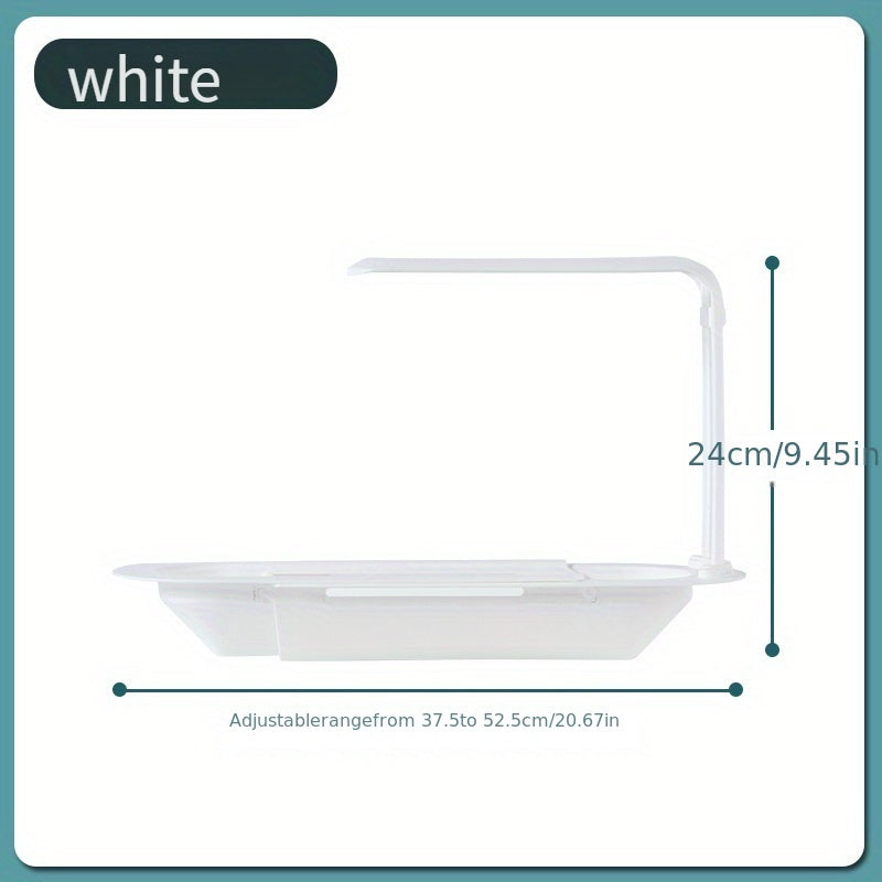 Durable plastic kitchen sink organizer with adjustable over sink dish drying rack and drainage basket. No assembly required for convenient storage of sponge, soap, and cloths. Multi-functional design.