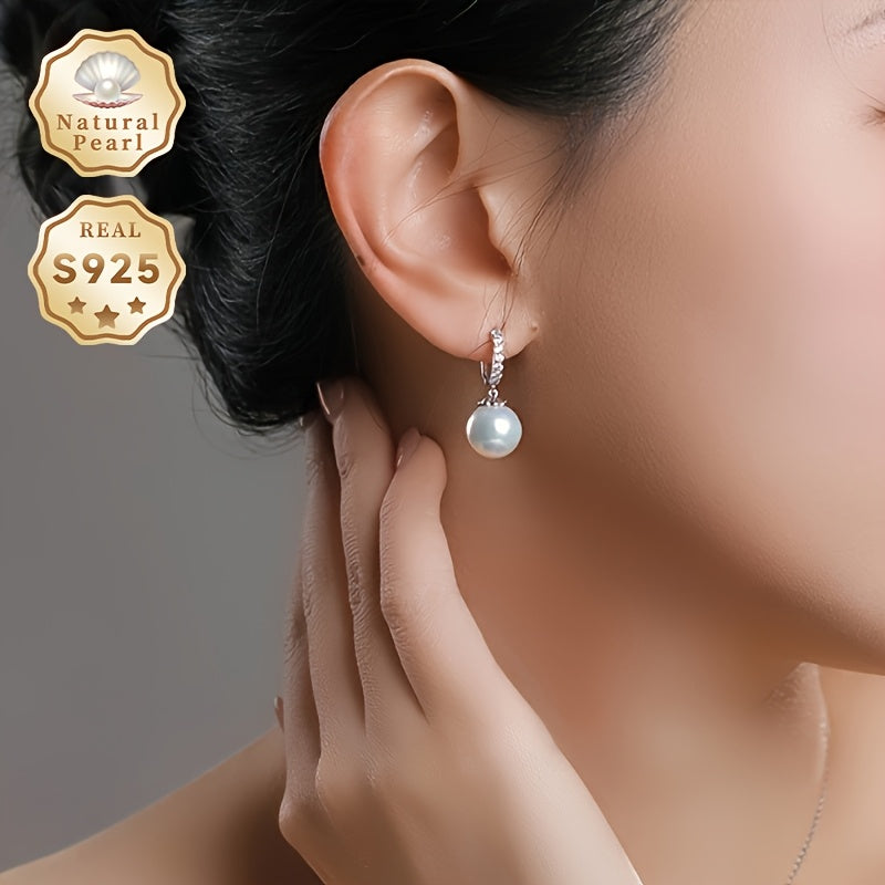 Women's fashionable dangling earrings made with a pair of 10-11mm large particles of slightly flawed round natural freshwater pearls. These earrings feature S925 silver and come in a Yunxi gift box. Please note that due to the natural gemstones used