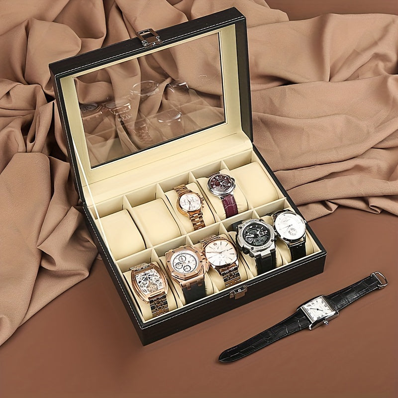 Fashion watch box with 10 slots, PU Leather, clear window, black, rectangular shape, flip-top closure, faux leather interior.