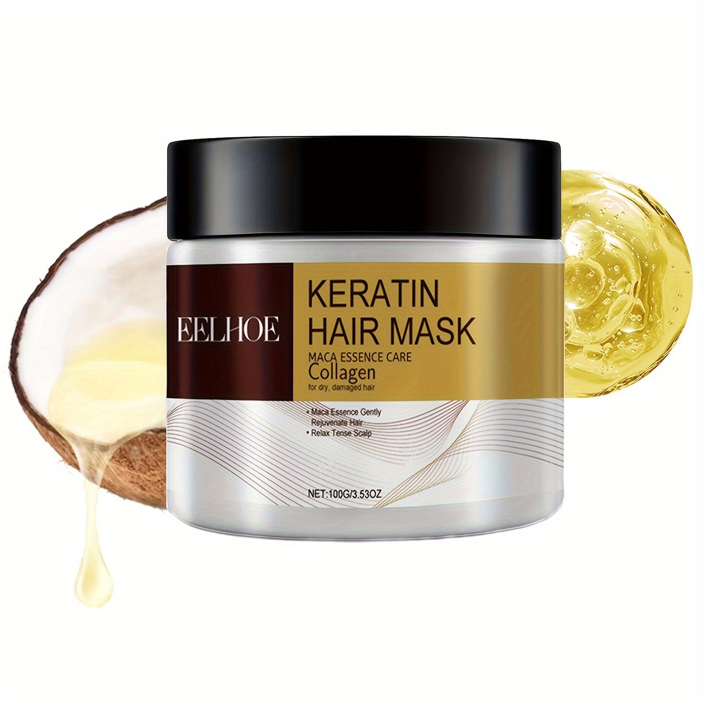 EELHOE Keratin Soch Maskasi, Kokos Yog'i, Kollagen bilan | Namlaydi, Tekislaydi, Porlaydi | 100g, Barcha soch turlari uchun