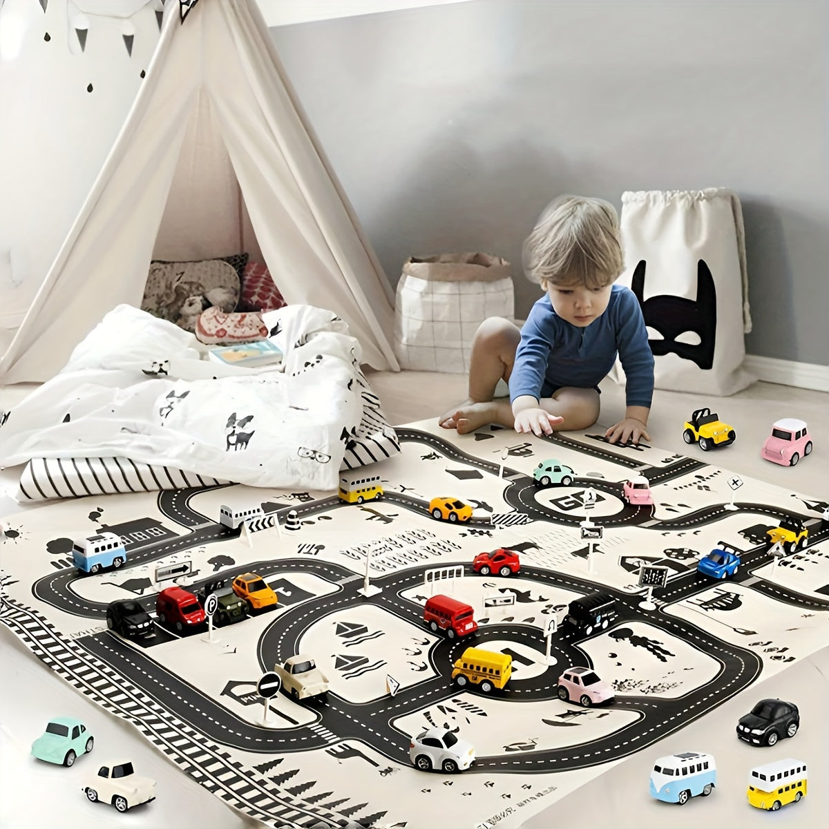 Nordic-inspired black and white parking lot play mat for children with waterproof surface, featuring a city theme traffic map gamepad