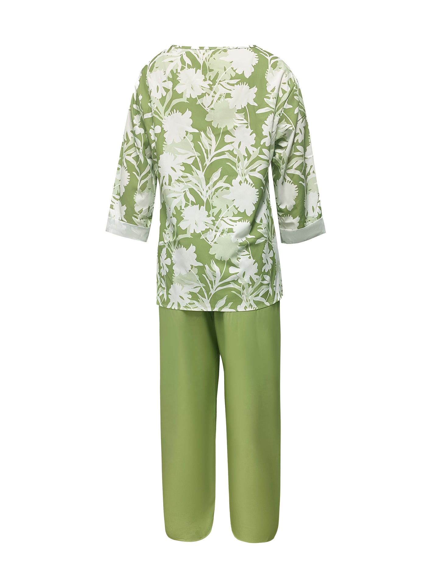 2-piece floral print outfit with crew neck top and elastic waist pants for women.