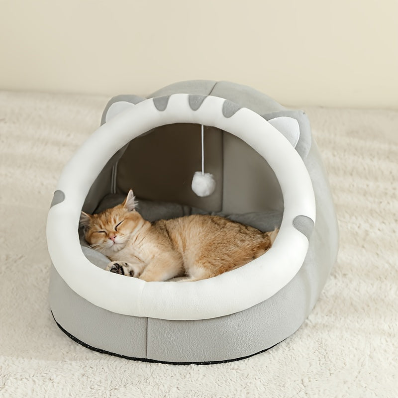 Cozy cat-shaped bed with soft polyester fiber, breathable and comfortable for all seasons. Suitable for small to large cats.