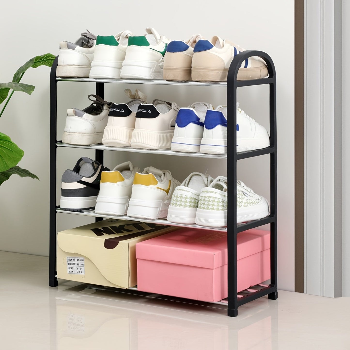 This stainless steel shoe rack features four tiers and is perfect for storing small shoes in entryways, hallways, and closets. The stackable design saves space, and the heavy-duty metal construction ensures durability. Ideal for organizing shoes in