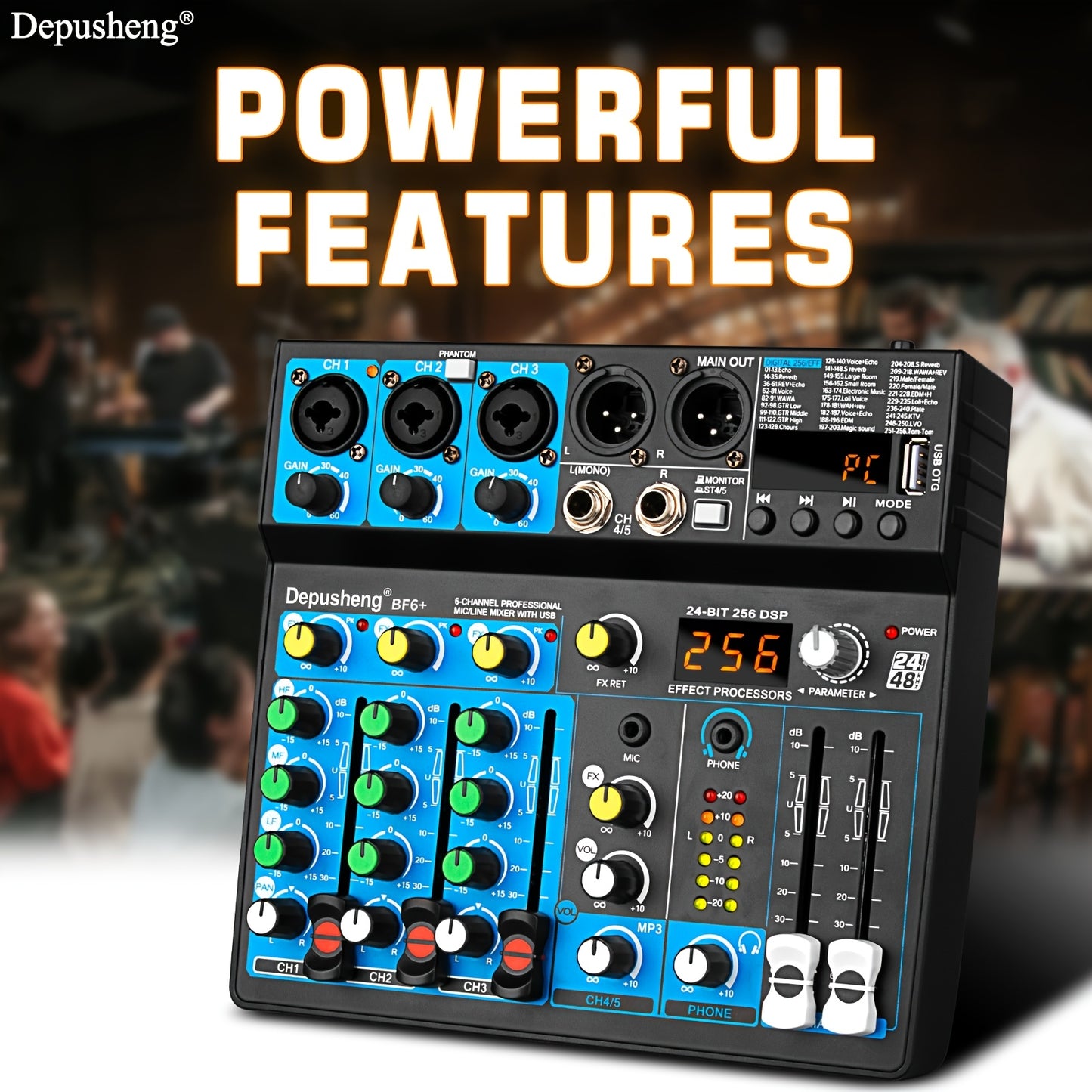 DEPUSHENG 6 Channel DJ Mixer with USB MP3 input, suitable for podcasts, studio recordings, gaming, and ambient sound.