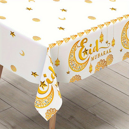 1 Elegant White & Golden Moon Eid Tablecloth with "Eid Mubarak" Design and Islamic Motifs, Disposable Plastic Cover for Ramadan Kareem and Eid Al Adha Celebrations, Ideal for Muslim Party