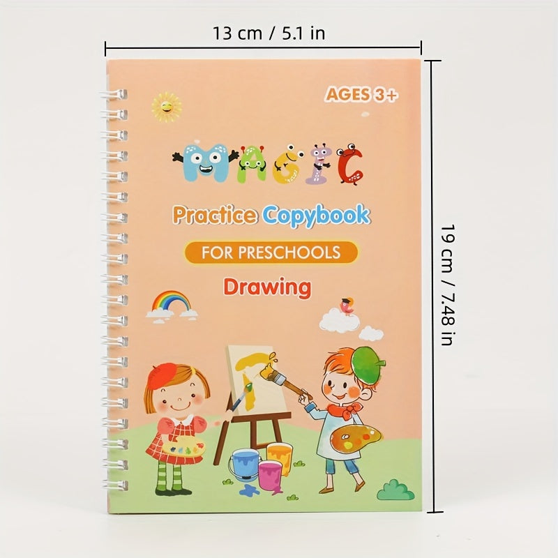 English handwriting practice workbooks for kids - full version with grooved pages, magic writing stickers, bonus pen. Colorful and educational English writing notebook.