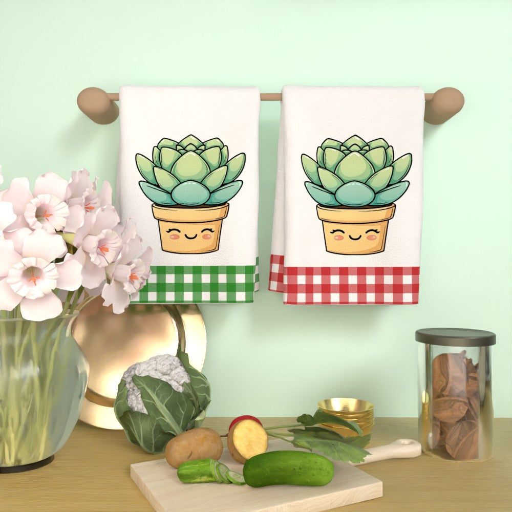 This set includes 2 tea towels with a charming cartoon-style potted plant design, each measuring 45.72 x 66.04 cm. These towels are not only highly absorbent and durable, but also come in vibrant colors. They are easy to care for as they are machine