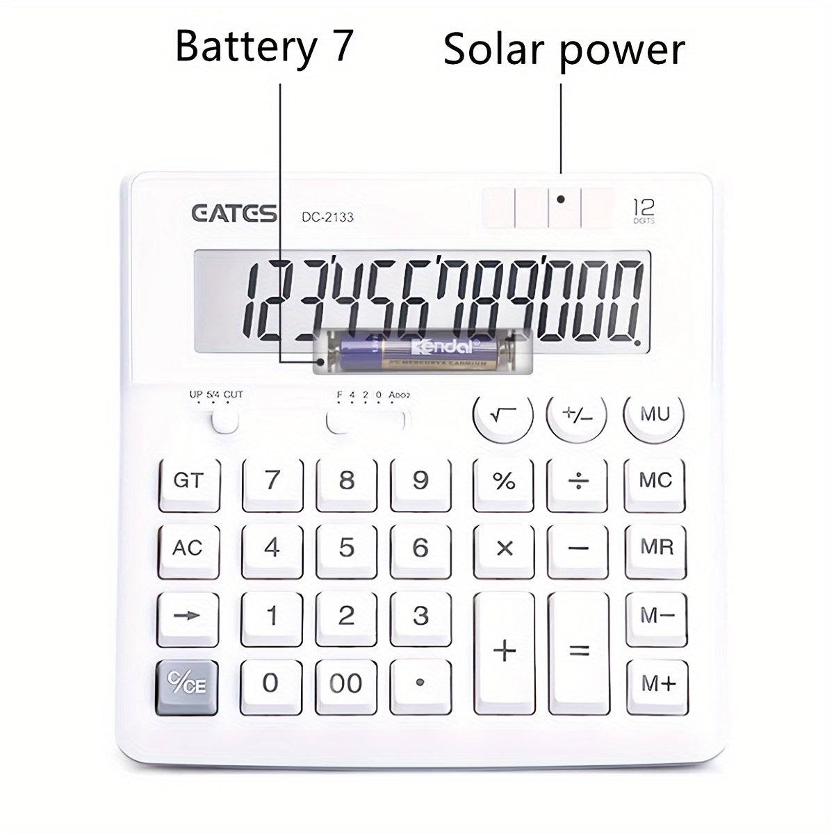 Stylish 12-digit pure white solar calculator for desktops, suitable for business use.