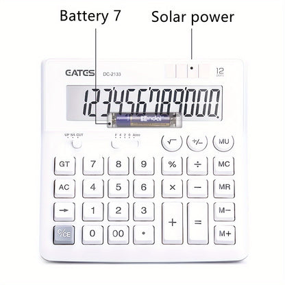 Stylish 12-digit pure white solar calculator for desktops, suitable for business use.