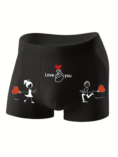 Men's Love Graphic Boxer Briefs - Comfortable daily wear underwear with heart and couple silhouette design, made from breathable polyester-spandex blend.