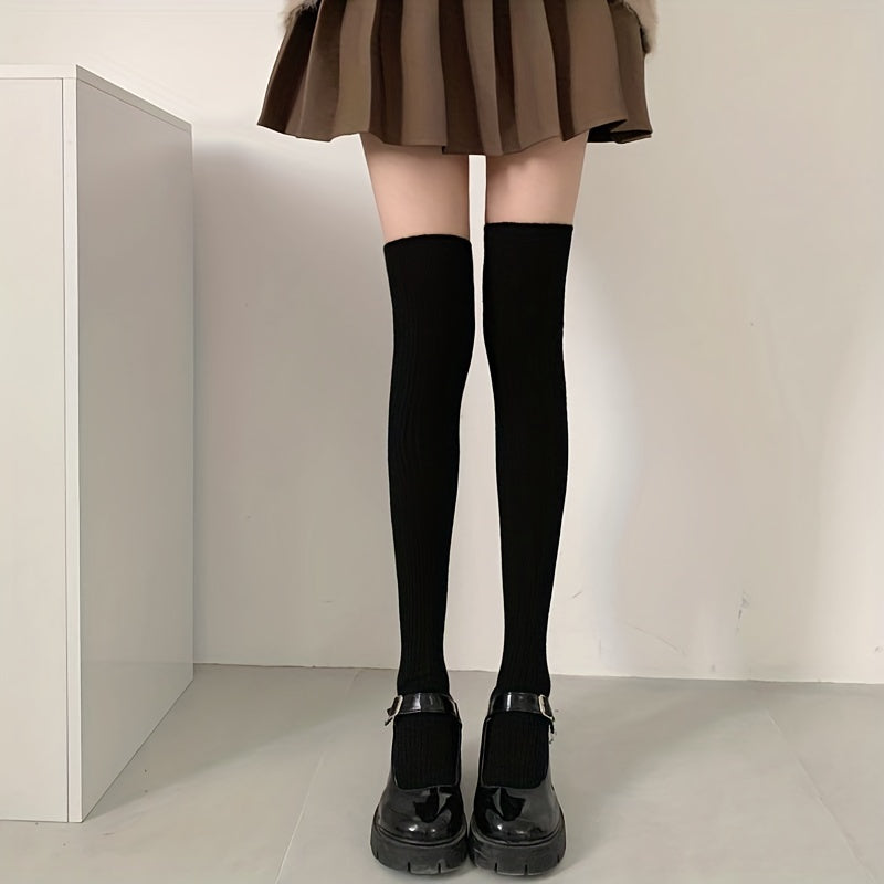 Autumn/Winter Long Stockings for Women in Japanese High Vertical Stripes, Black, Thickened for Warmth. Available in 1, 2, or 3 Pairs.