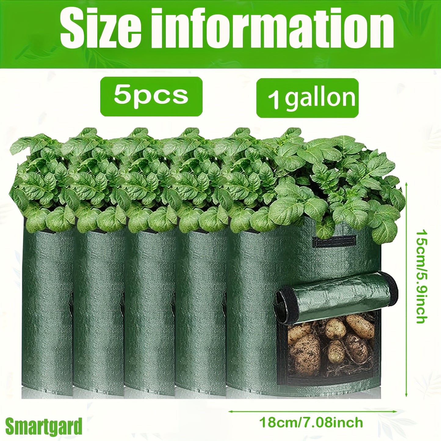 5pcs Green 7-Gallon Grow Bags with Handles - Aerated Fabric, Ideal for Outdoor Vegetable Gardening, Potatoes, Tomatoes, Fruits, Efficient Drainage.