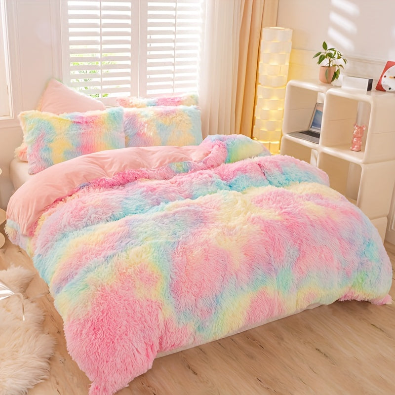 Y2K Tie Dye Plush Duvet Cover Set includes 3 pieces (1 Duvet Cover + 2 Pillowcases), providing soft and warm bedding.