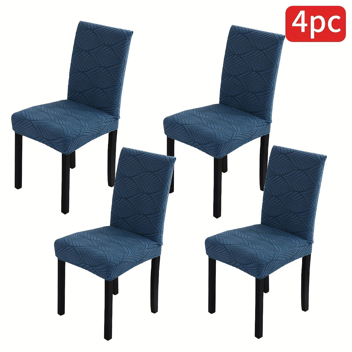 Elastic dining chair slipcovers with leaf pattern, removable and stretchable, made of polyester and spandex blend. Machine washable with elastic band closure. Suitable for home, office, and banquet hall decor.