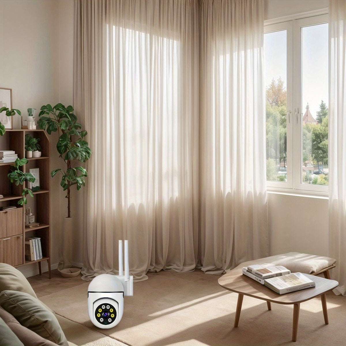 One wireless security camera with a built-in projector, featuring 1080p HD resolution. Easily connect to Wi-Fi and powered by USB. Offers 240p resolution, simple Plug & Play setup, no need for batteries. Ideal for both business and home surveillance