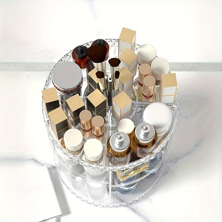 Rotating makeup organizer for versatile cosmetic storage, including pen holder. Ideal for vanity and desk organization.