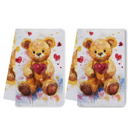 This set includes 2 ultra-soft kitchen towels with a cute Valentine's Day teddy bear design. They are highly absorbent and ideal for holiday decorating. These towels are machine washable and measure 40.64x60.96 cm.